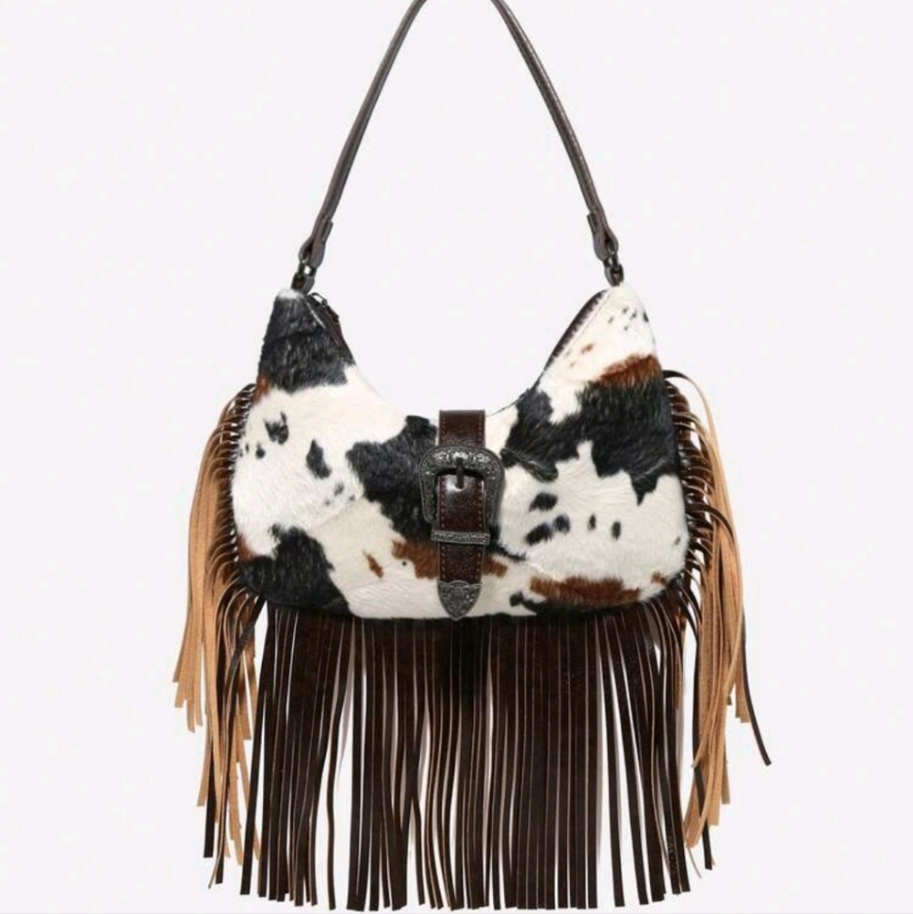 Fringe  Faux Cowhide  Shoulder Bag - Black, White & Brown
